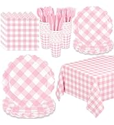 WNINK 176 PCS Light Pink Gingham Plates and Napkins, Pink Checkered Disposable Plates Set with Na...