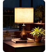 GOEBLESON Small Table Lamp, 14.2" Cute Little Desk Lamp, Wood Bedside Lamp with Linen Lampshade, ...