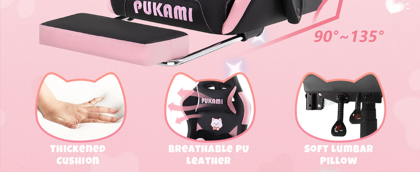 Gaming Chair with Cat Ears and Cat Paw Lumbar Cushion, Cute Ergonomic Gaming Computer Desk Chair