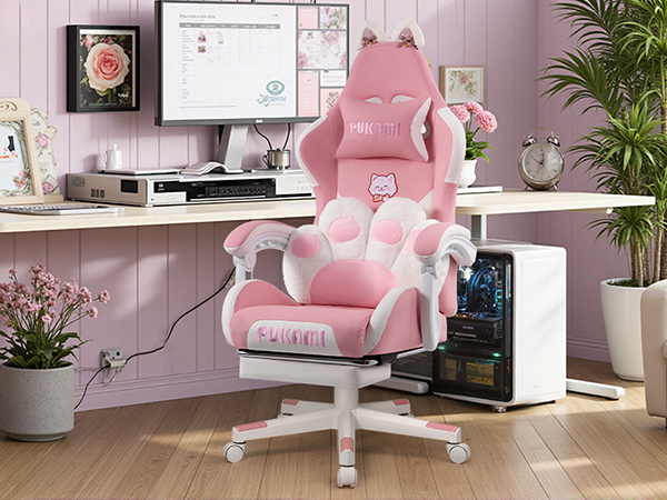 Gaming Chair with Cat Ears and Cat Paw Lumbar Cushion, Cute Ergonomic Gaming Computer Desk Chair