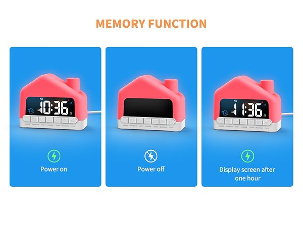 Text reads 'MEMORY FUNCTION'. Three blue panels showing red cat-shaped alarm clock with digital display in three states: 'Power on', 'Power off', and 'Display screen after one hour'. Device demonstrates memory function with clock displaying 10:36.