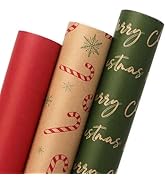 Ribbli 3 Rolls Kraft Candy Cane Wrapping Paper Rolls,Mini Roll-17 Inch x 10 Feet Per roll