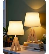 GOEBLESON Wood Bedside Lamps Set of 2, Small Tripod Table Lamp, Modern Nightstand Lamp with Fabri...