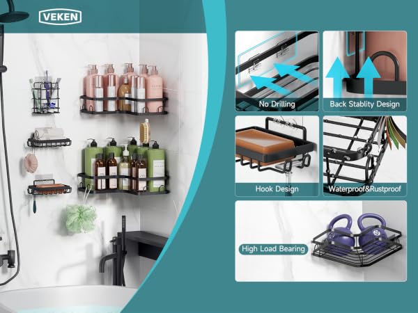 veken corner shower caddy no drilling back stablity design hook design waterproof &amp; rustproof
