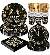 Fighting to Achieve 168pcs Happy New Year Party Supplies, Black and Gold Paper Plates Napkins Cup...