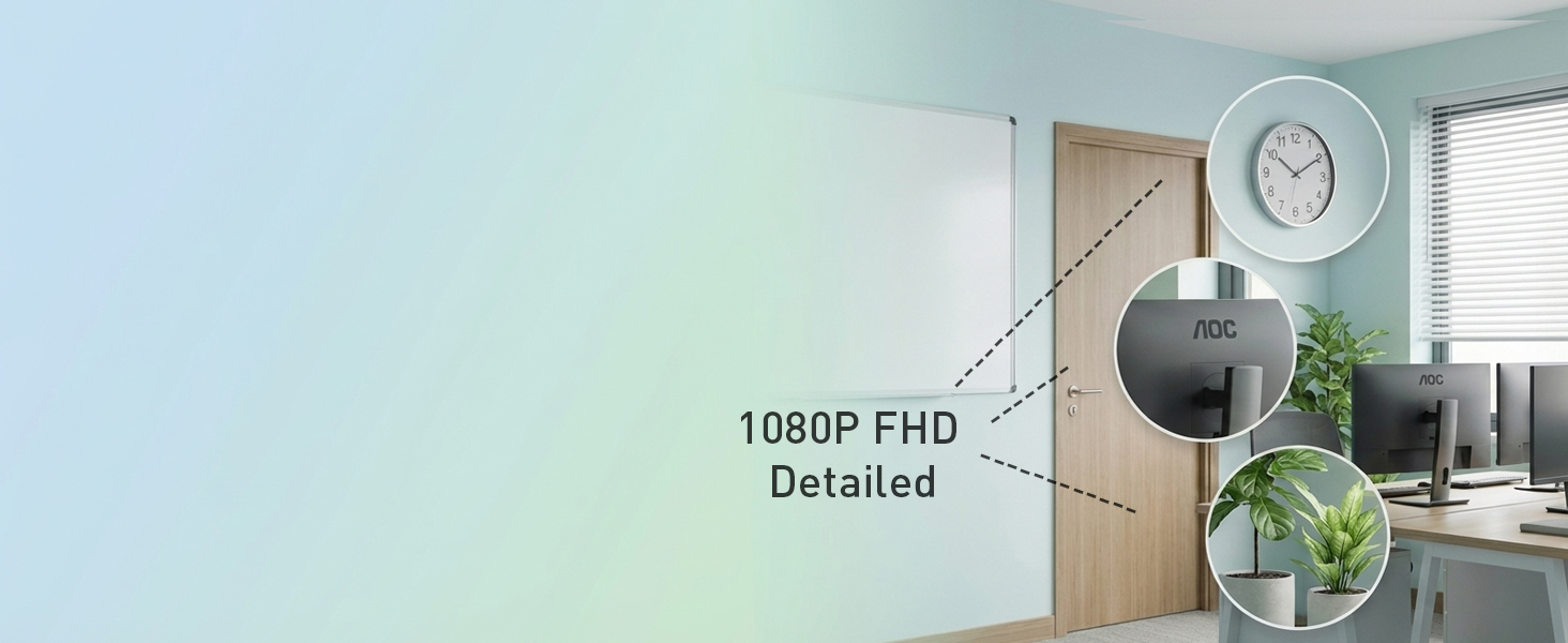 Text reads '1080P FHD'. Interior room setting with modern furnishings and natural lighting showing surveillance or monitoring equipment.