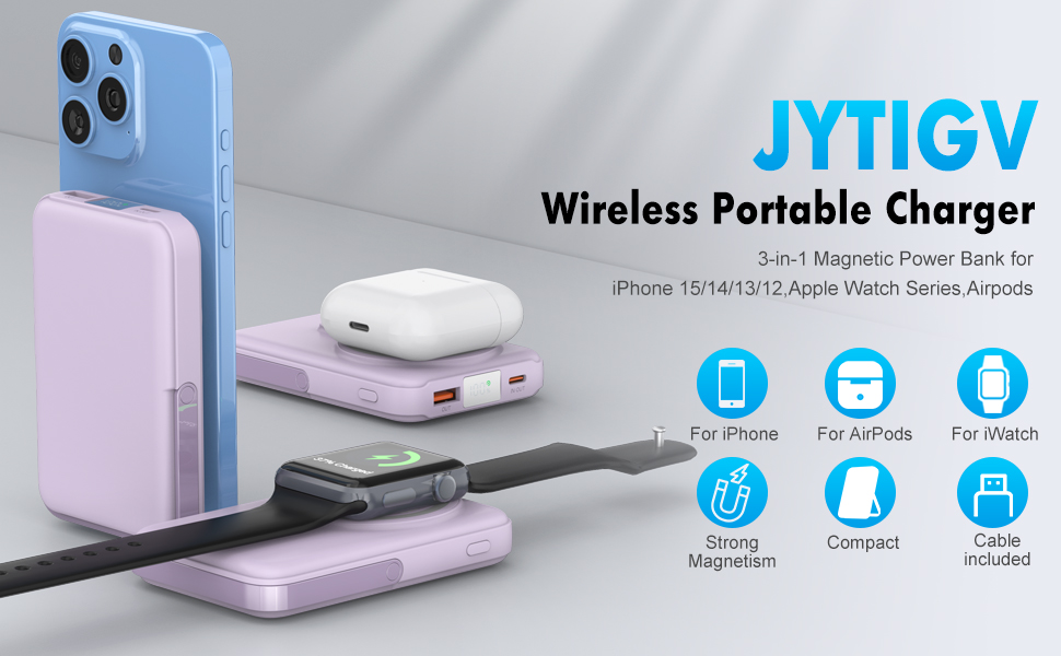 JYTIGV Wireless Portable Charger,3-in-1 Magnetic Power Bank 10000mAh with LED Display
