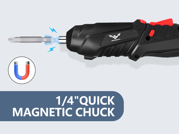 Electric screwdriver with 1/4" quick magnetic chuck. Black handle with red accents, showing magnetic bit attachment and indicating magnetic properties with illustrated arrows.
