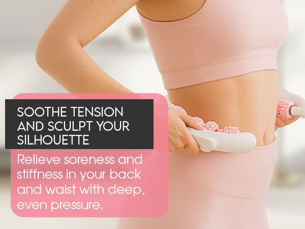 person using aydia massage roller on back for pain relief and toned body