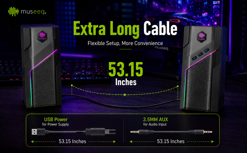 desktop speakers with extra long cable usb power and aux input for gaming desk setups