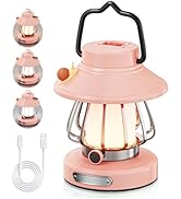 HOMY Pink Retro Kids Camping Lantern, 3-Color Dimmable Portable LED Night Light with Handle, Vint...