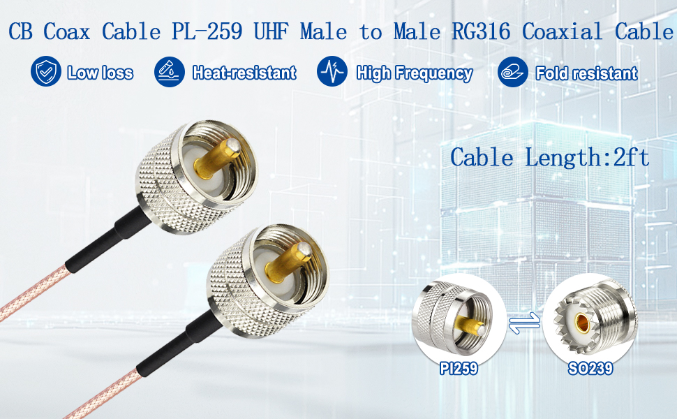 PL259 to PL259 Cable 2ft Flexible Low-Loss RF RG316 Coaxial Cable