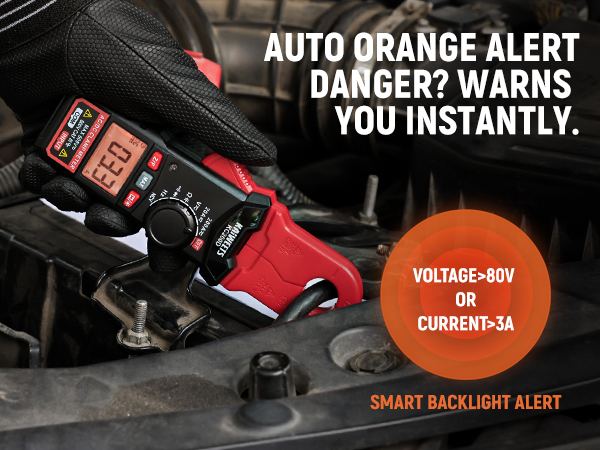 Text reads 'AUTO ORANGE ALERT DANGER? WARNS YOU INSTANTLY.' 'VOLTAGE=40V' 'CURRENT=5A' Digital display panel with orange warning indicators and technical readings.