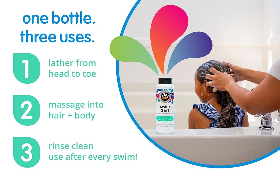 Kids 3-in-1 swim shampoo conditioner and body wash for head-to-toe post-swim cleansing