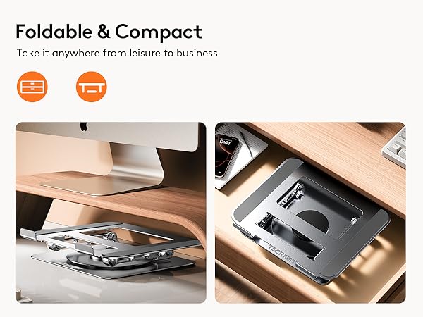 Text reads 'Foldable &amp; Compact' and 'Take it anywhere from leisure to business'. Two side-by-side product images showing folding mechanism and internal components.