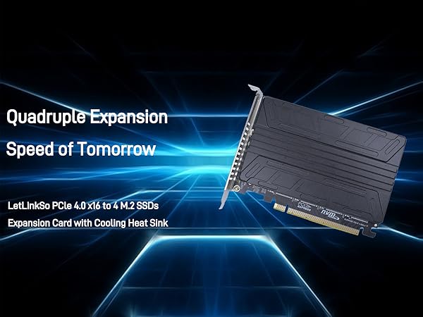 LetLinkSo Gen4 PCIe 4.0 x16 M.2 Expansion Adapter Card 4 Ports NVMe SSDs M Key with Heat Sink