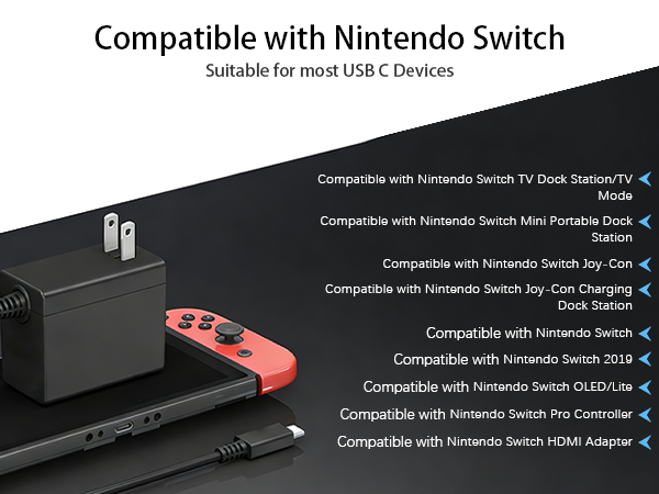 Black Fast Charger Compatible with Nintendo Switch