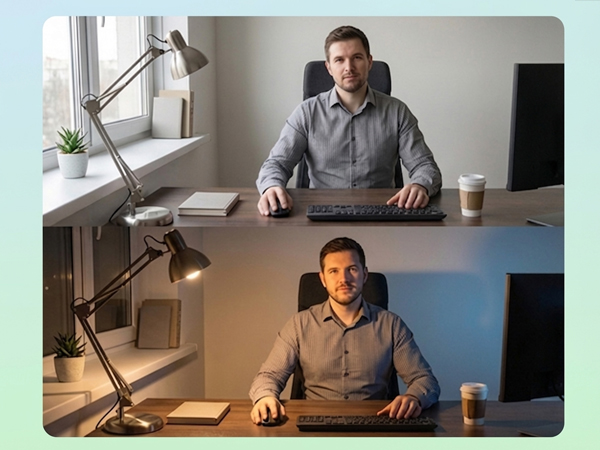 Split image showing same home office setup in two lighting conditions - daylight and evening. Desk with computer monitor, task lamp, and coffee cup visible.