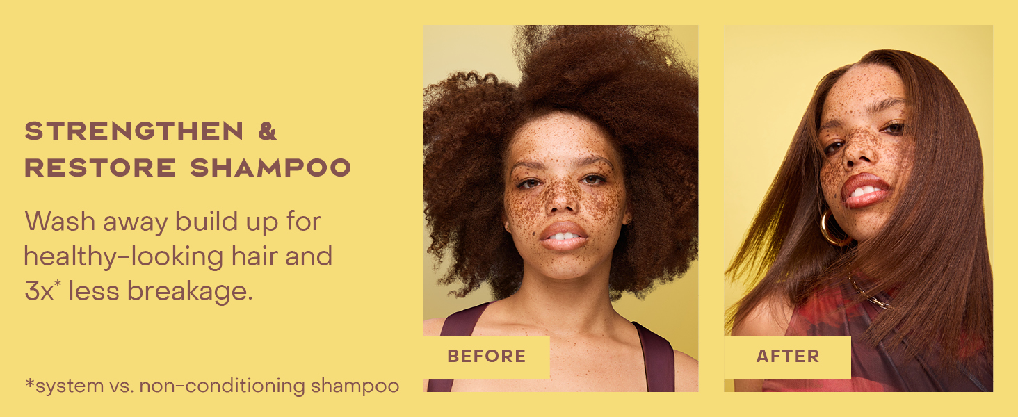 2 images of the same woman before &amp;amp; after applying our treatment for healthy-looking hair.