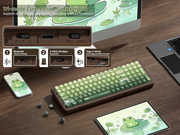 98% Wood Creamy Keyboard with Number Pad, Wireless Frog Keyboard Mechanical Gaming Keyboard