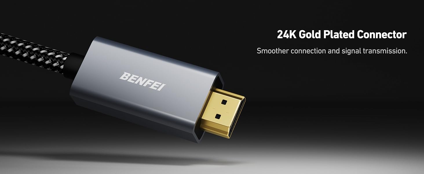 Gray metallic HDMI cable connector with 24K gold-plated tip, featuring smooth connection design for signal transmission.