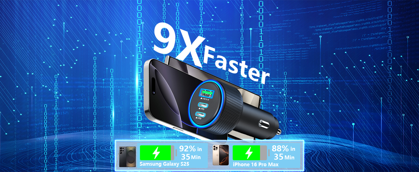 MFi Certified 3-Port 67W PD/QC Car Power Adapter USB-C Car Charger Cigarette Lighter for iPhone 16