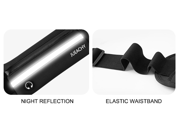 Black fitness band with reflective strip for night visibility and elastic waistband for comfort and adjustability.