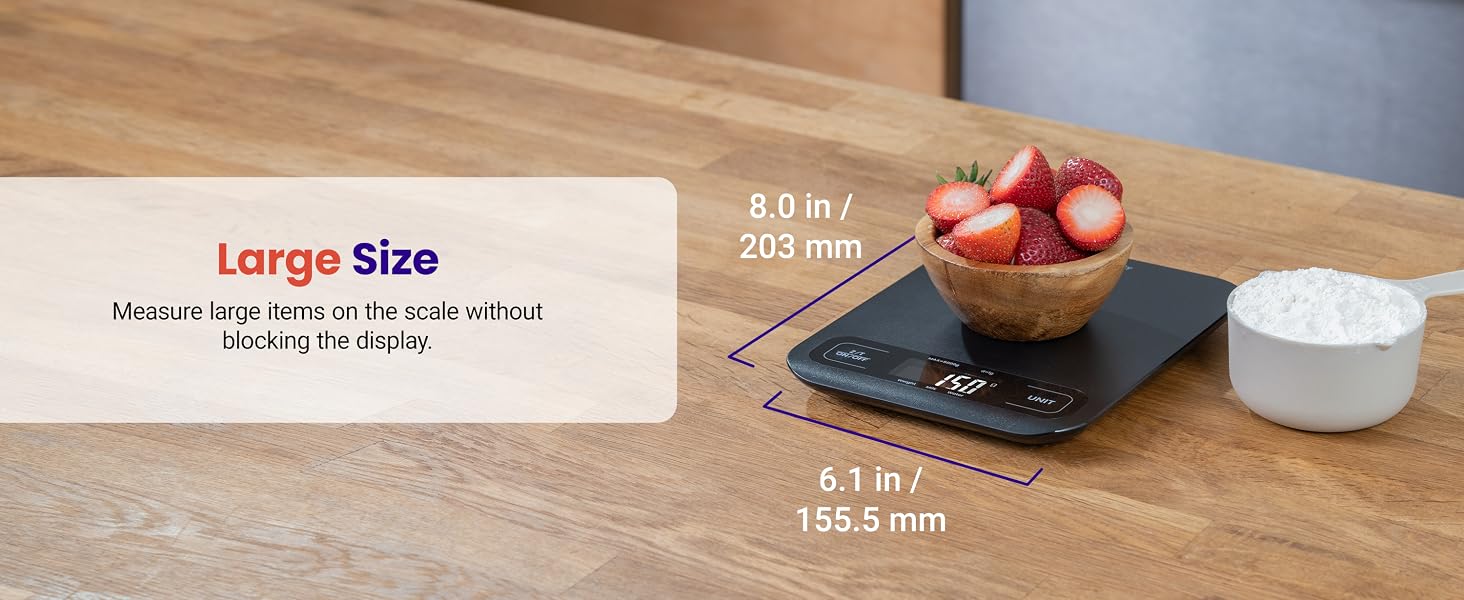Measure large items on the scale without blocking the display, 8.0 x 6.1 x 0.7 inch