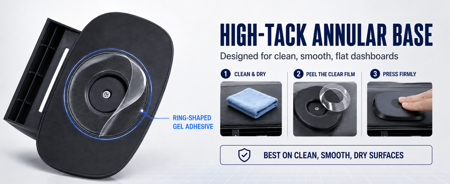 Anti-slip dashboard phone mount with PU gel base, high-grip GPS holder and vibration control