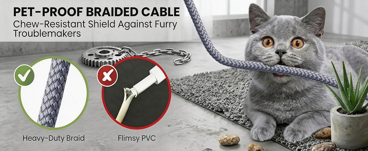 Pet proof chew resistant braided micro usb cable surviving cat bites better than PVC cords
