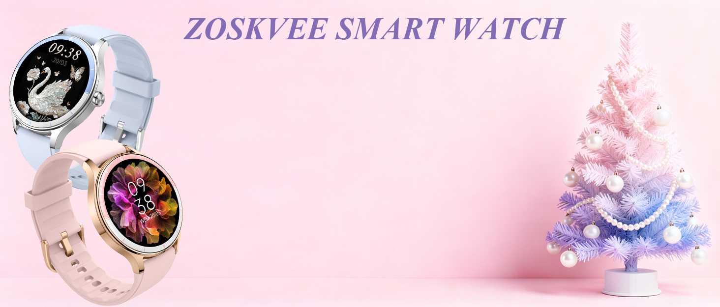 Text reads 'ZOSKYEE SMART WATCH'. Multiple views of a round smartwatch with white band against pink background, displaying different watch faces and functions.