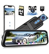 CAMECHO 4K Rear View Mirror Camera, 9.66" IPS Mirror Dash Cam Front and Rear for Car with 64GB Ca...