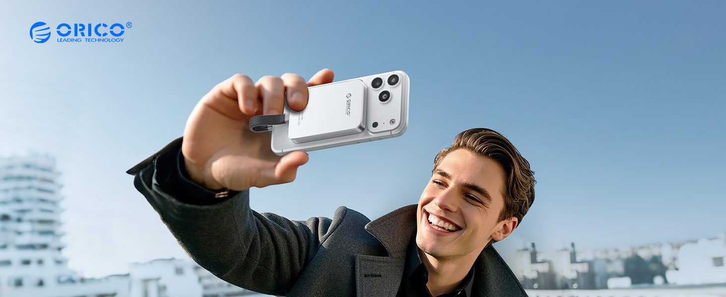 Text reads 'ORICO'. Multiple product demonstration shots showing smartphone photography and mounting scenarios outdoors.