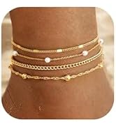 LOYALLOOK Ankle Bracelets for Women Waterproof, 14K Gold Plated Cuban Figaro Link Chain Beaded An...