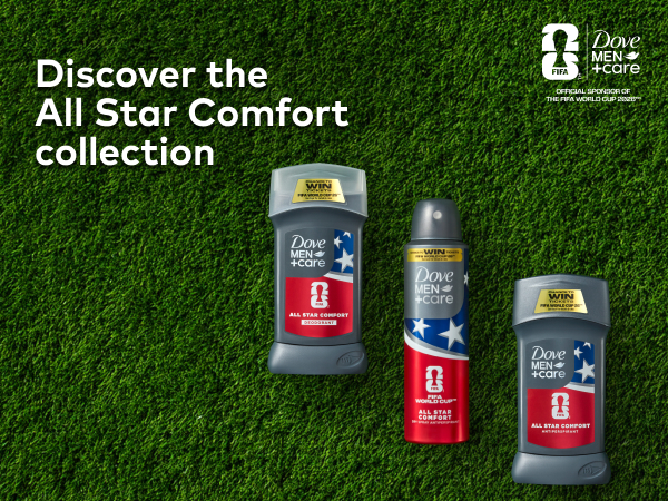 Top view of a soccer field with the Dove Men+Care All Star Comfort product family, next to text.