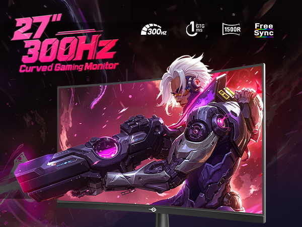 Text reads '27"' and '300Hz'. Gaming-themed digital artwork with purple and pink color scheme showing dynamic character illustration.