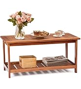 VINGLI Outdoor Wooden Coffee Table, 2-Tier Storage Rectangle Patio Coffee Table for Outside, Soli...