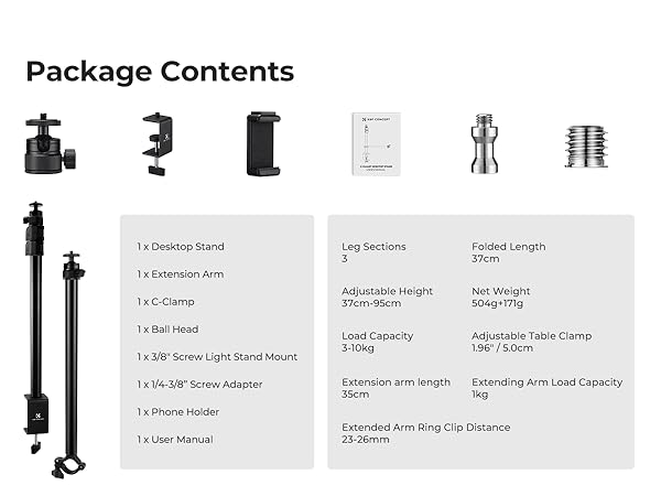 Text reads: 'Package Contents' followed by detailed product specifications and parts list with icons showing various mounting accessories and hardware components.