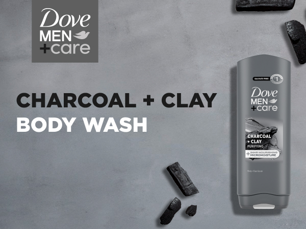 Image of Dove Men+Care CHARCOAL + CLAY BODY WASH next to actual ingredients.