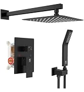 SR SUN RISE Black Square Rainfall Shower Head and Handle Set, Wall Mounted Shower Fixtures, Metal...