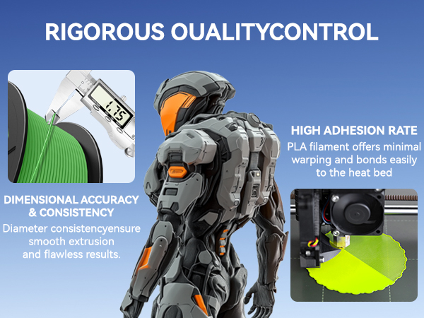 Advertisement for 3D printer filament highlighting quality control features: dimensional accuracy, high adhesion rate, and smooth extrusion. Shows green filament spool and printed robot figure.