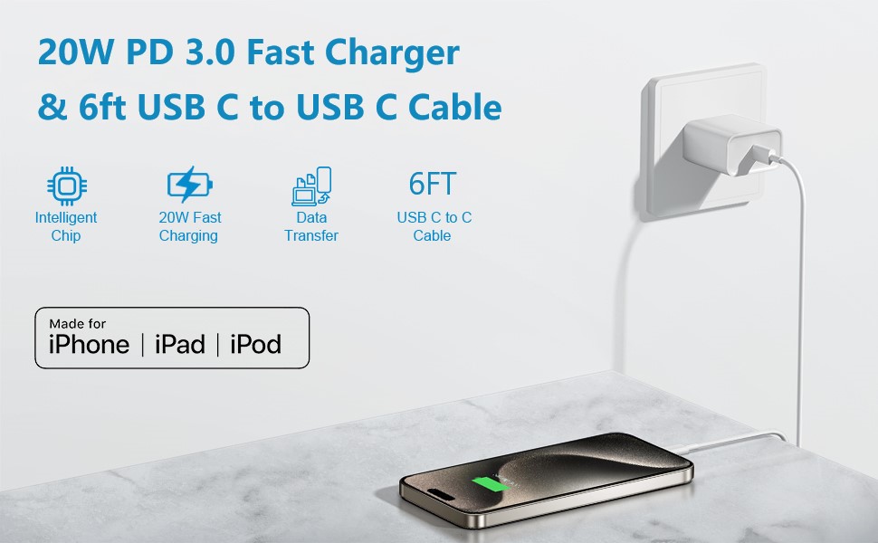 iPhone 16 15 Charger Fast Charging,20W Apple iPad USB C Fast Charger,2Pack 6ft USB C Wall Charger