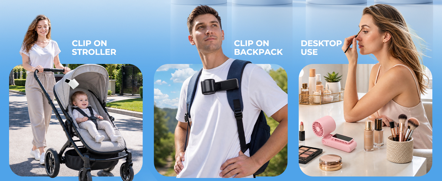 4-in-1 portable fan for neck, magnetic, desk and clip-on use.