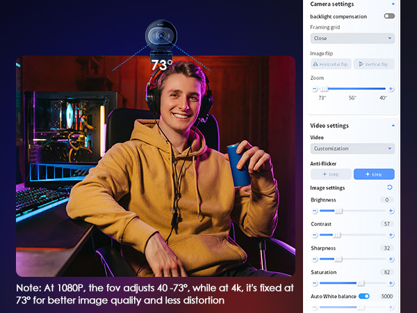 40°-73° FOV, Streaming Camera for Live Commerce/Gaming/Beauty