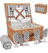 Wicker Picnic Basket for 4 with Large Insulated Cooler Compartment and Waterproof Picnic Blanket,...