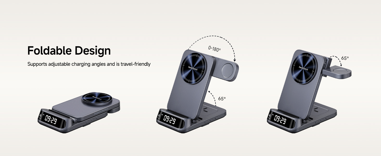 Foldable wireless charging stand in three positions: flat, 54-degree angle, and 60-degree angle. Gray device with digital display and cooling fan visible.