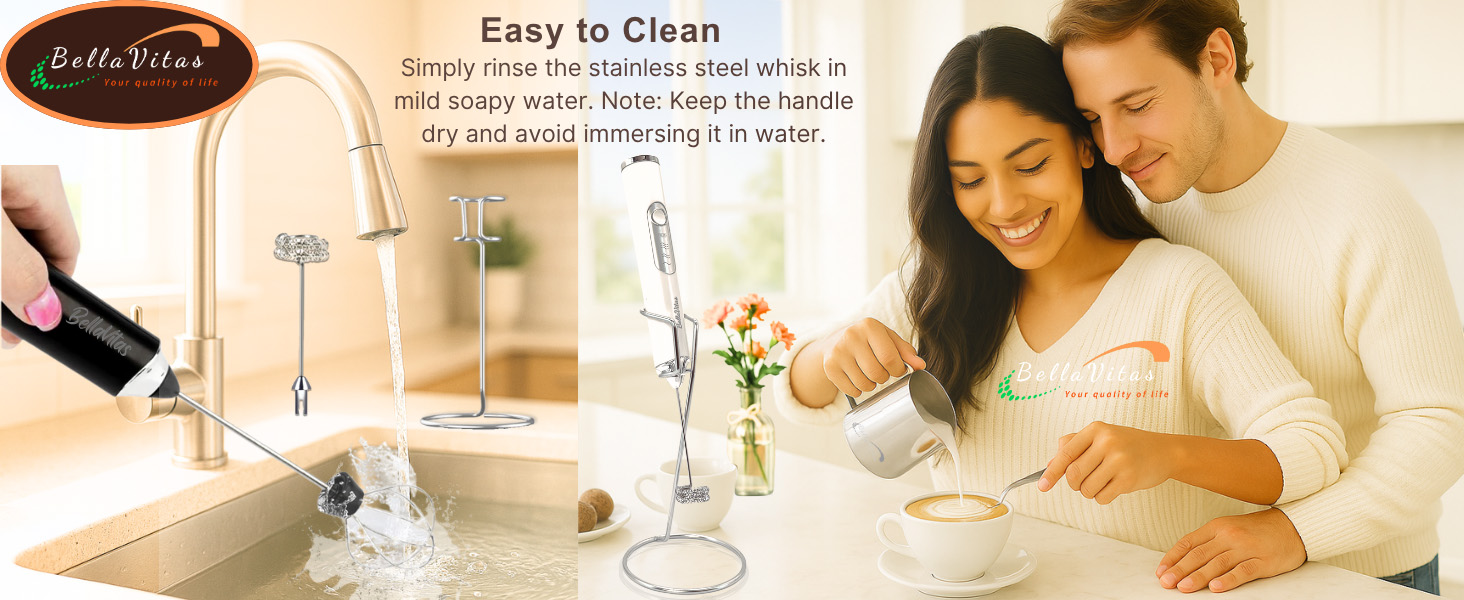 Hand rinsing frother whisk under a faucet; couple making a latte in a kitchen.