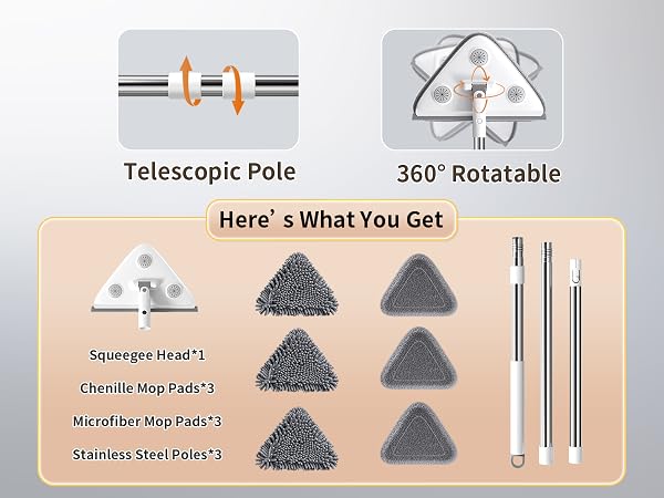 What You Get: 3 Stainless Steel Poles, 1 Squeegee Head, 3 Chenille Mop Pads, 3 Microfiber Mop Pads