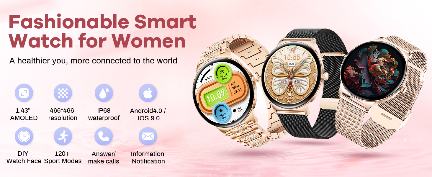 Advertisement for women's smartwatches. Three watches displayed with round faces, different colored bands. Text highlights features like heart rate monitoring and step counting.