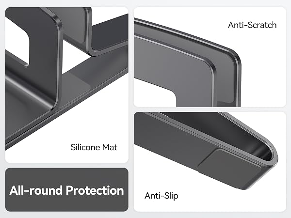 Gaming laptop stand with silicone pads on slots and base to prevent slipping or scratching.